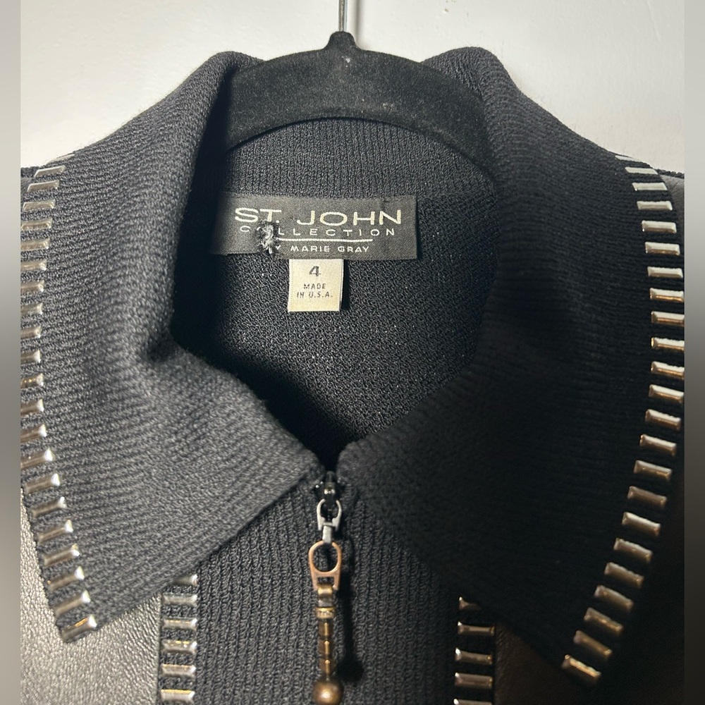 St. John Collection Black Leather Panel Zip Up Sweater - Picture 2 of 7